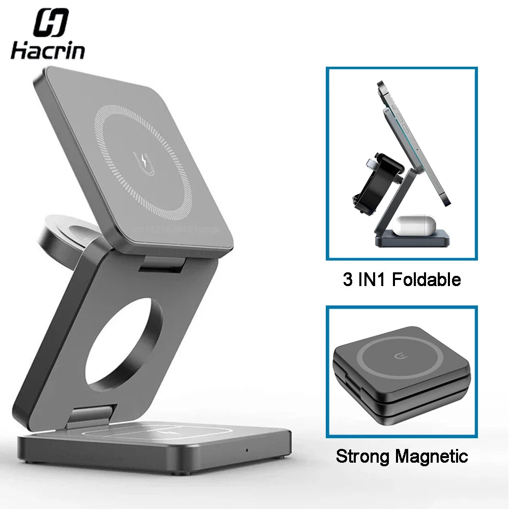 Wireless Charger 3 in 1 Foldable Magnetic Wireless Charging Station for Iphone 15 14 13 12 Pro Max Apple Watch 8 9 Charger